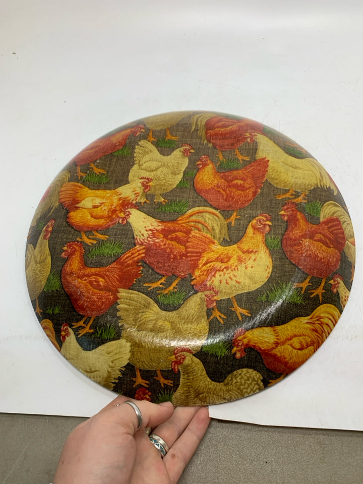 HEAVY GLASS CIRCLE PLATTER W/ ASSORTED COLOR CHICKENS.
