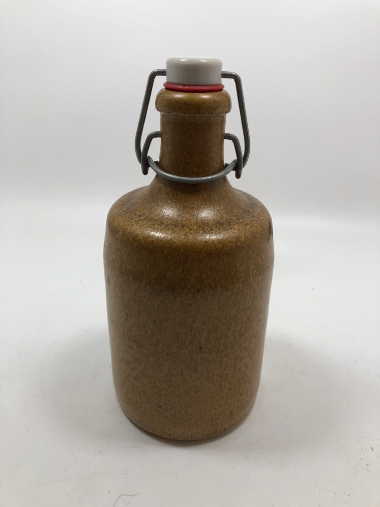 BROWN STONEWARE JUG W/CAP.