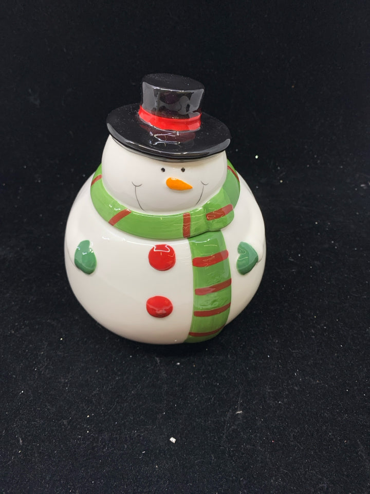 SMALL SNOWMAN W GREEN SCARF COOKIE JAR.