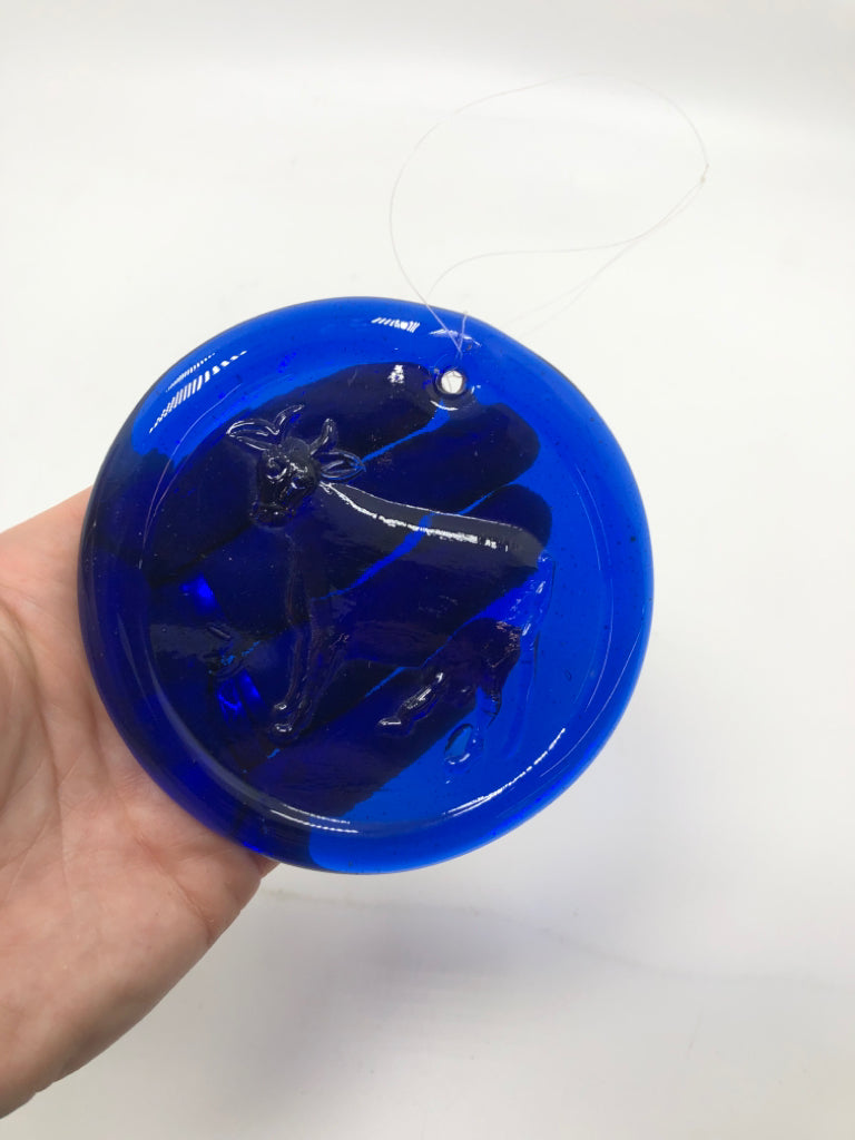 COW STAMPED COBALT BLUE GLASS DECOR.
