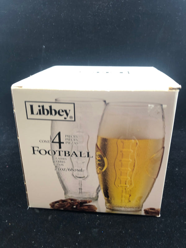 4 NIB FOOTBALL BEER GLASSES.