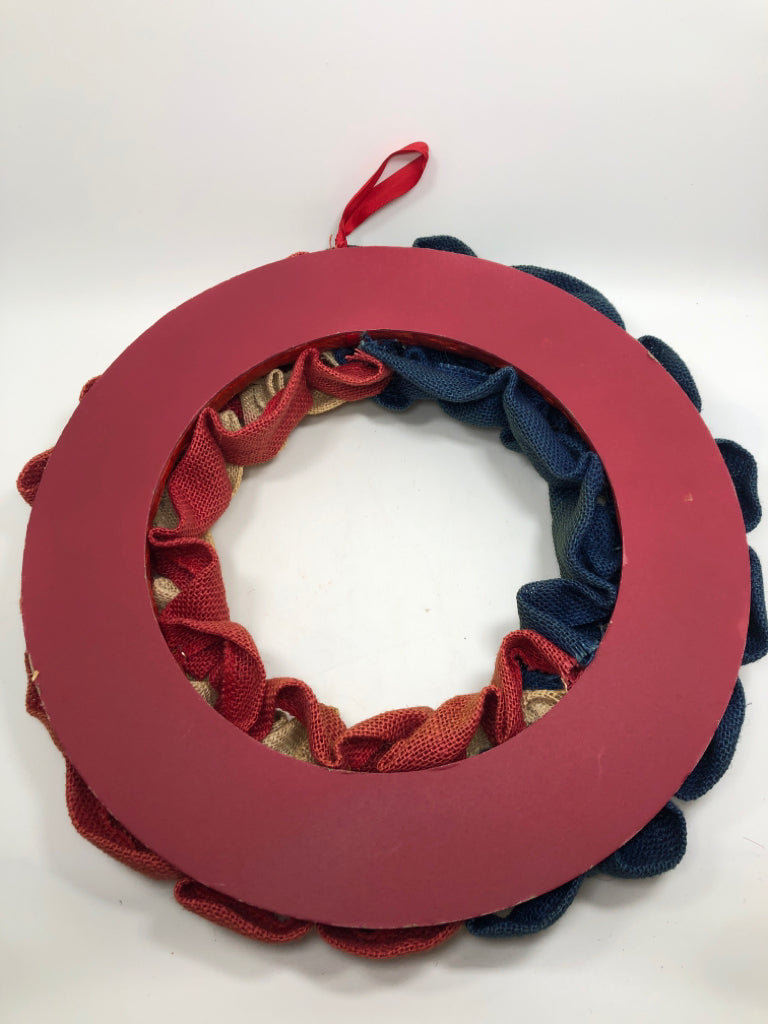BURLAP RED WHITE AND BLUE PRIMITIVE WREATH.