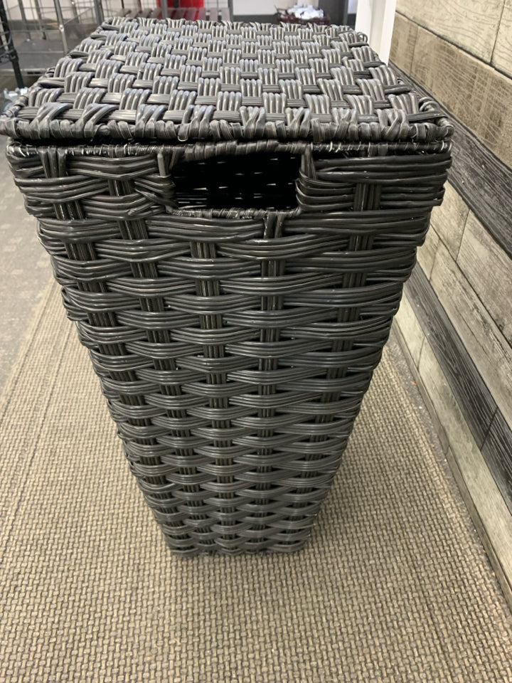 BLACK WOVEN STORAGE HAMPER W/FLAP LID.