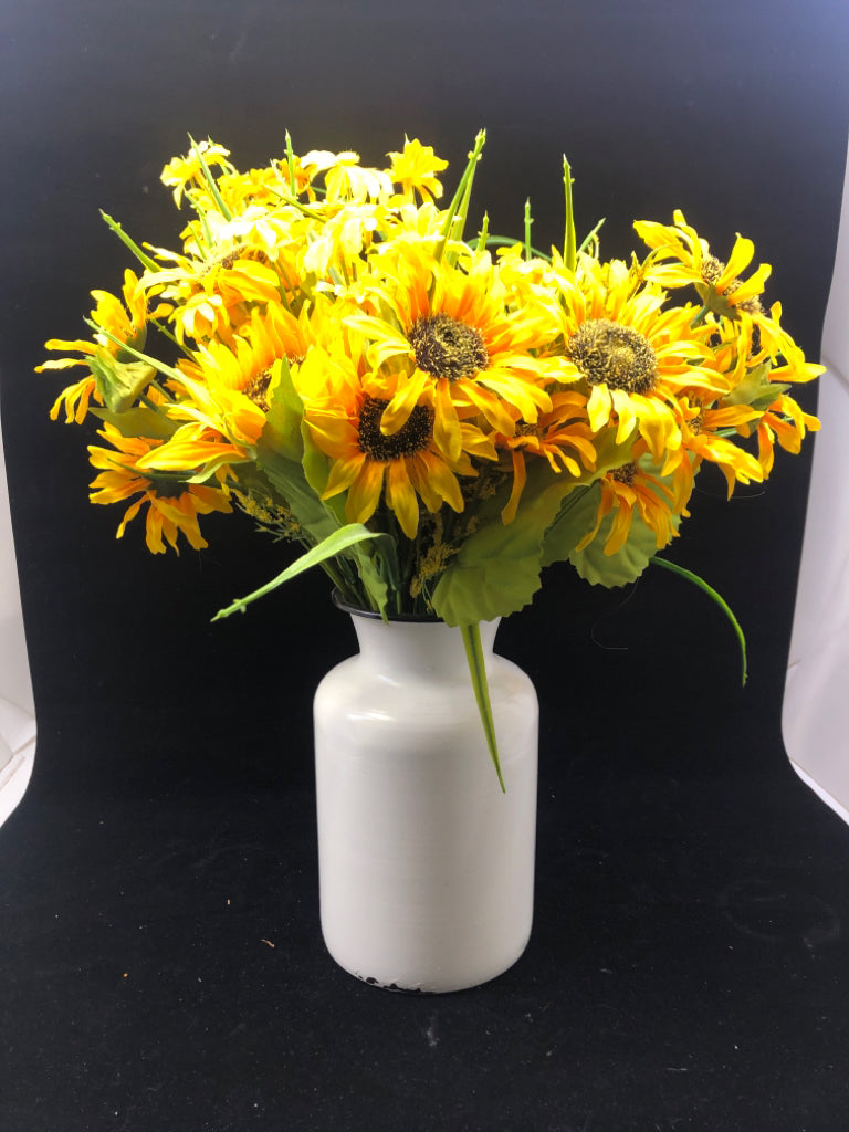 FAUX YELLOW SUNFLOWERS IN WHITE METAL VASE.