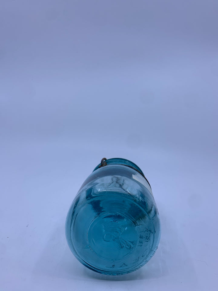 VTG BLUE BALL JAR W/ WIRE BAIL LID.