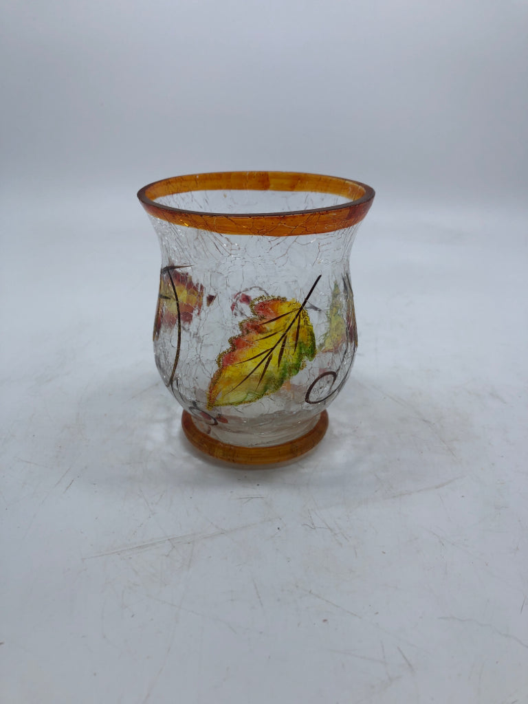 CRACKLE GLASS PAINTED LEAVES SMALL tea light holder.