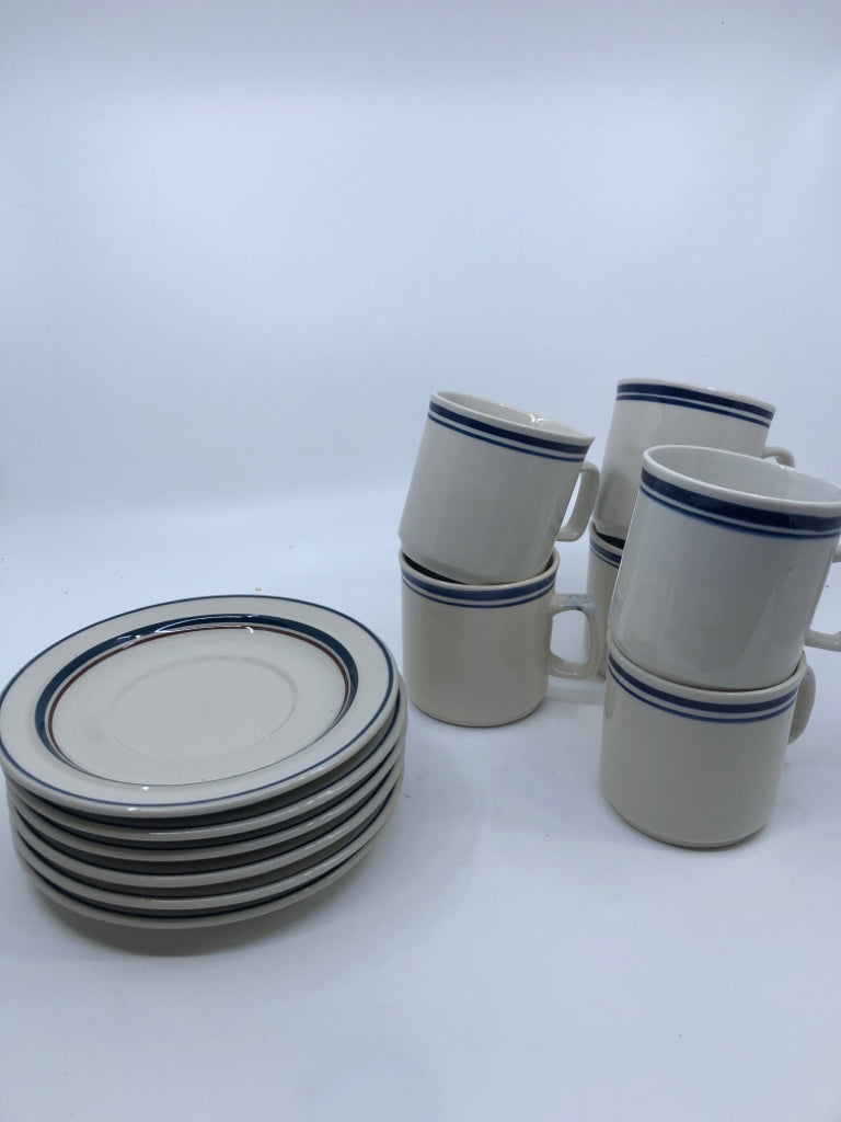 6 STONEWARE MUGS/SAUCERS.