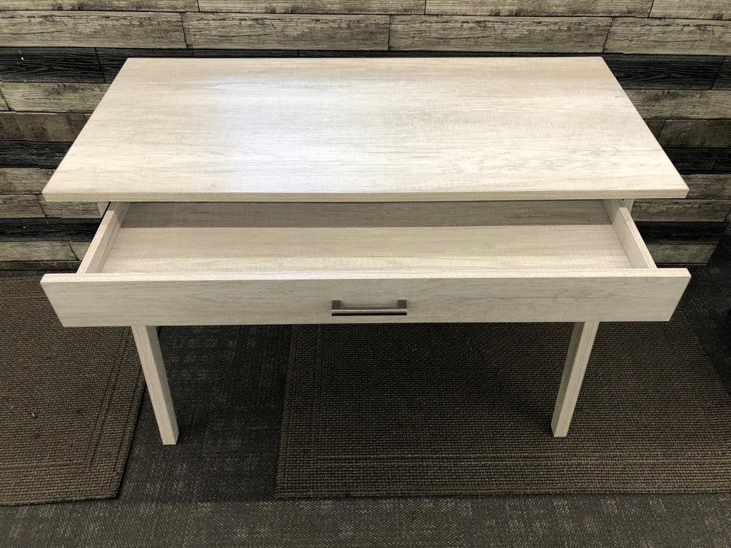 LIGHT GRAY WRITING DESK W/SINGLE DRAWER.