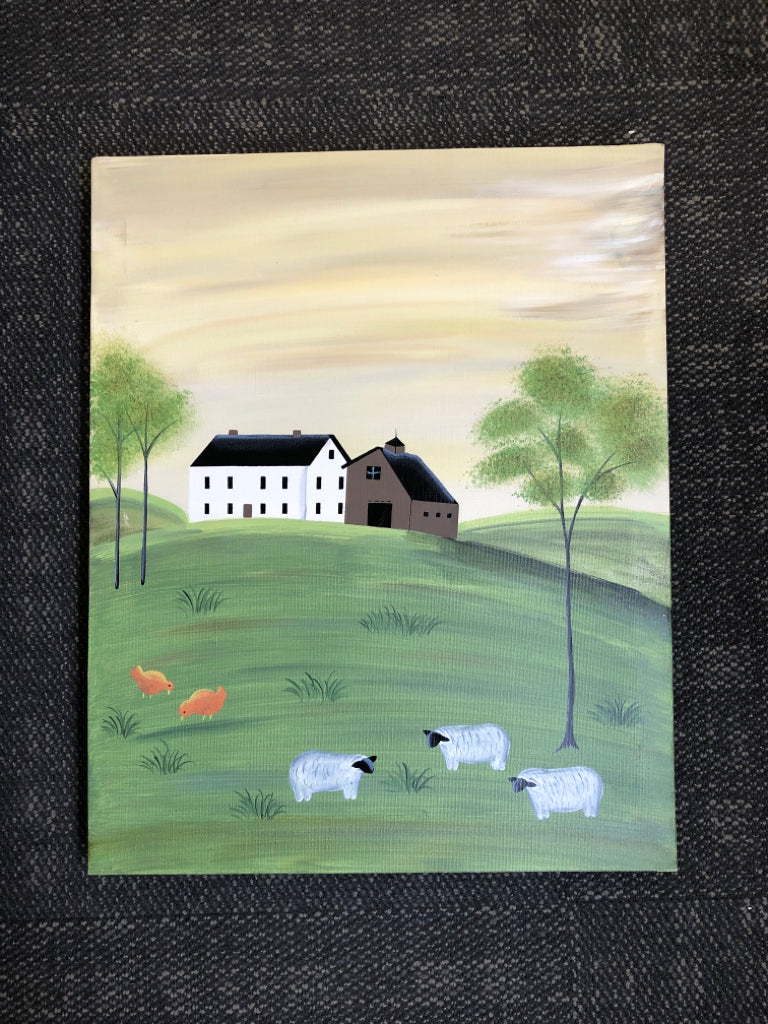 SHEEPS W WHITE BARN BACKGROUND CANVAS WALL ART.