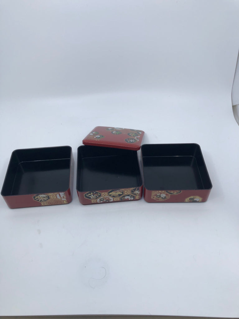 3 RED ASIAN STYLE STACKING BOXES W LID.