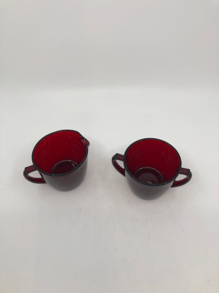 VTG RED GLASS SUGAR + CREAMER SET.