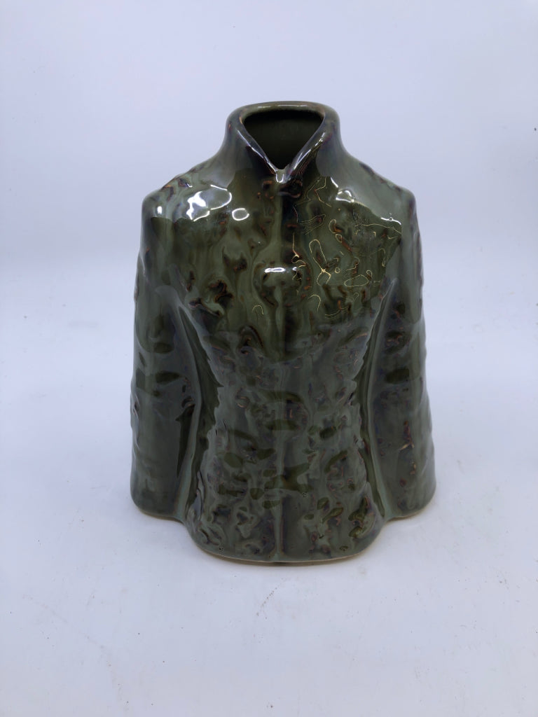 OLIVE GREEN JACKET SHAPED VASE.