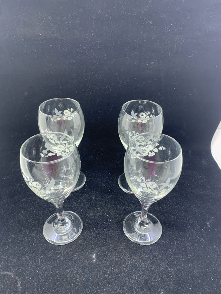 4 HUMMINGBIRD ETCHED WINE GLASS.