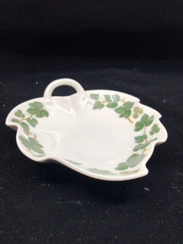 VTG WEINLAUB WHITE W GREEN LEAVES TRINKET DISH- GERMANY.