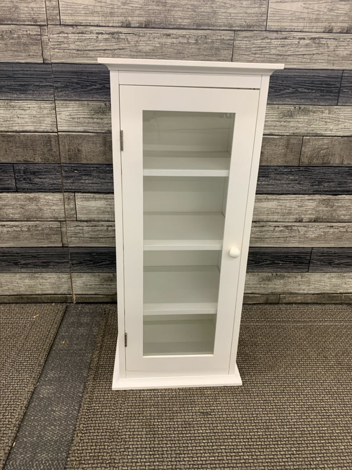 SMALL WHITE CABINET- CLEAR DOOR AND 4 SHELVES.