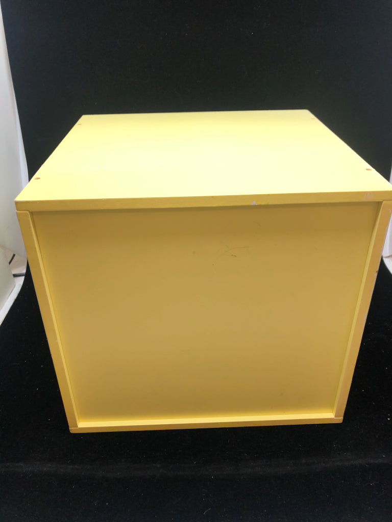 YELLOW WOODEN BIN W/HEART CUT OUT.