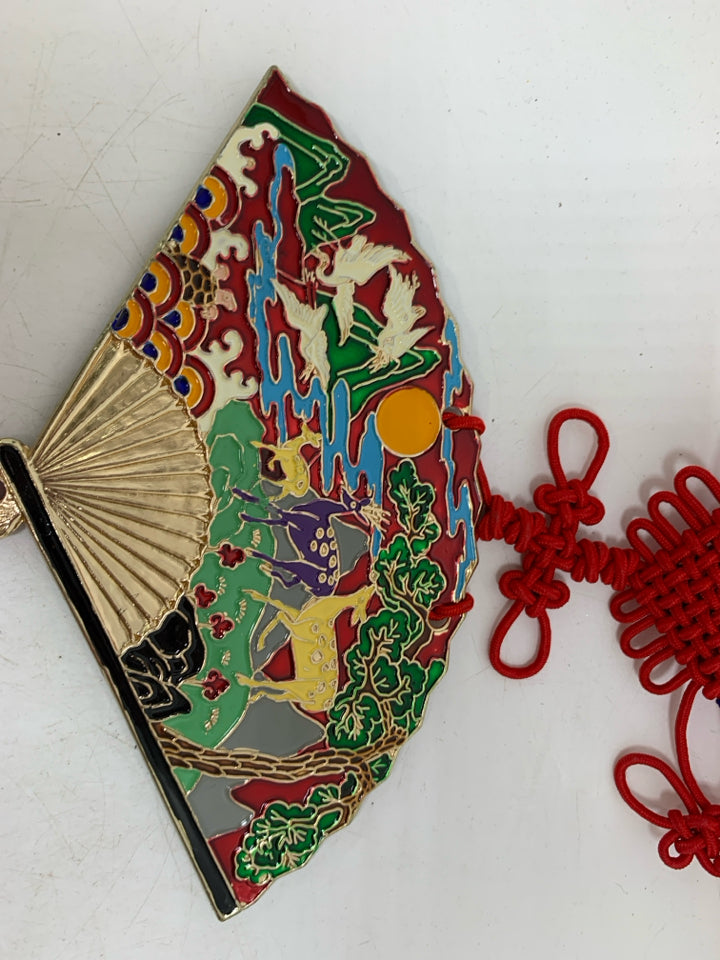 ASIAN STYLE METAL FAN W/ SCENE BRAIDED ROPE.