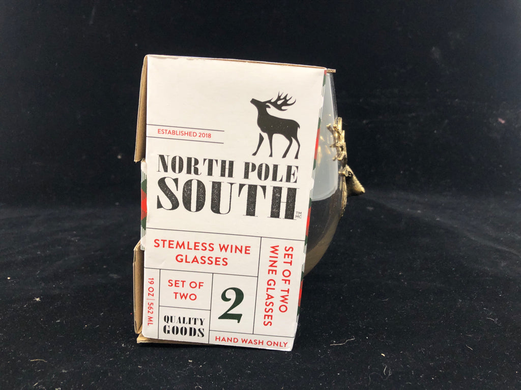 NIB NORTH POLE SOUTH STEMLESS WINE GLASSES.