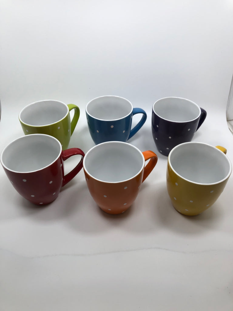 6 RAINBOW POLKA-DOT MUGS.
