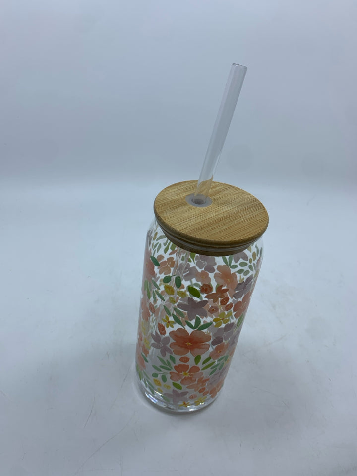 PEACH/PURPLE FLOWER PAINTED GLASS TUMBLER.