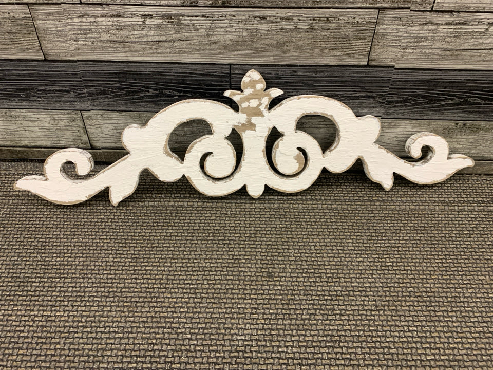 WHITE WOOD DISTRESSED SCROLL WALL ART.