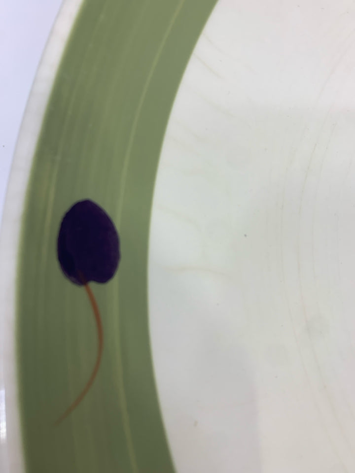 OLIVE PAINTED SERVING BOWL W/GREEN EDGE.