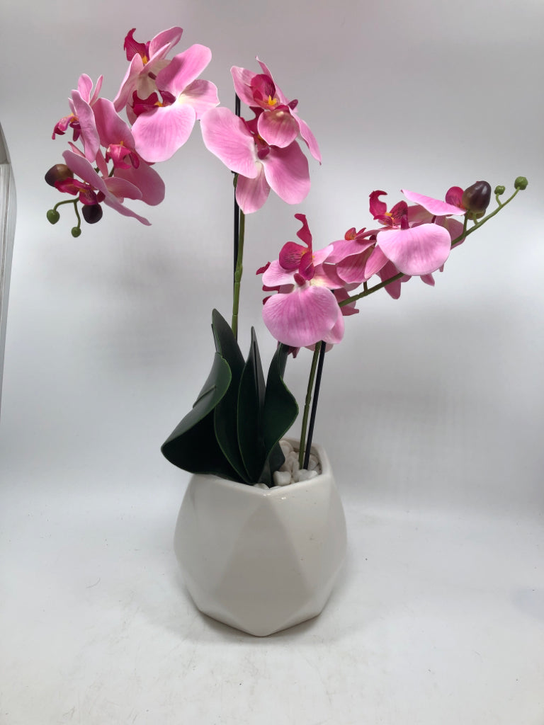 FAUX PINK ORCHIDS IN PLANTER.