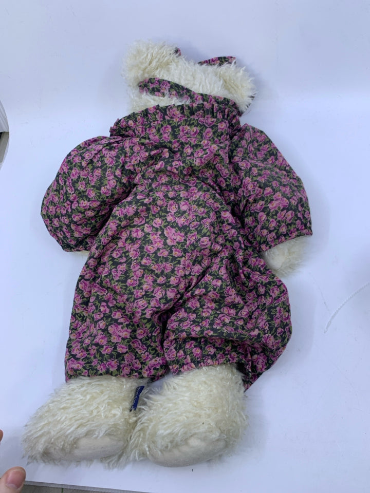 WHITE SHAG BEAR W/ DARK PURPLE FLORAL JUMPSUIT BOYDS BEAR.