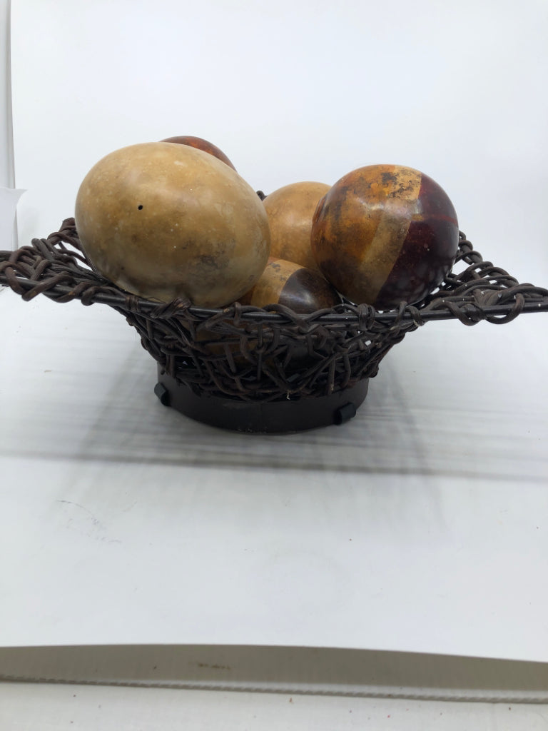 BROWN SQUARE TWIG BOWL W WOOD FILLER BALLS.