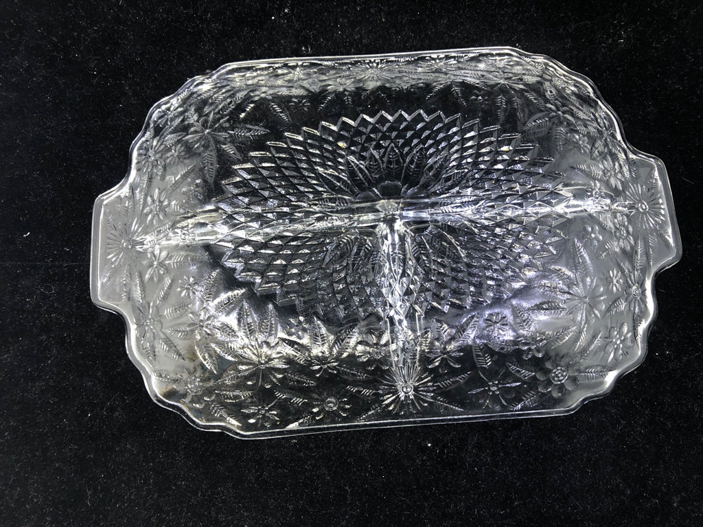 ETCHED FLORAL 3 SECTION SERVER W HANDLES.