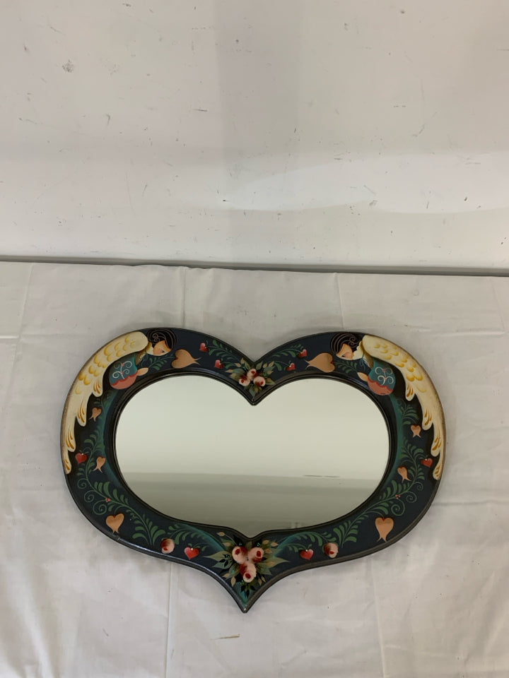 PRIMITIVE PAINTED HEART WALL HANGING MIRROR.