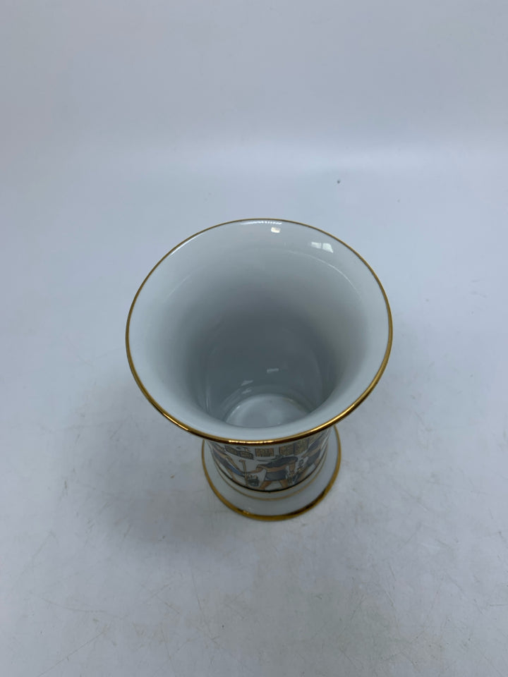 SHEENI EGYPTIAN FINE PORCELAIN GOLD RIM PHARAOH CLEOPATRA VASE.