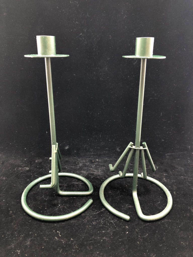 2 METAL GREEN TAPER CANDLE HOLDERS.