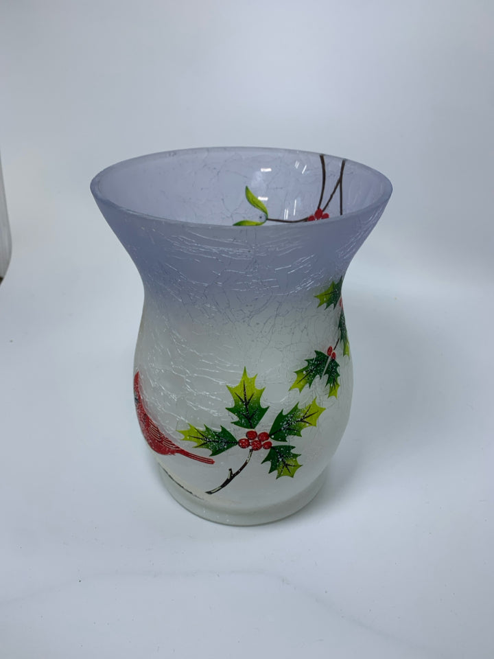 HURRICANE CRACKLE GLASS FROSTED CANDLE HOLDER W/ PAINTED CARDINALS YANKEE CANDLE