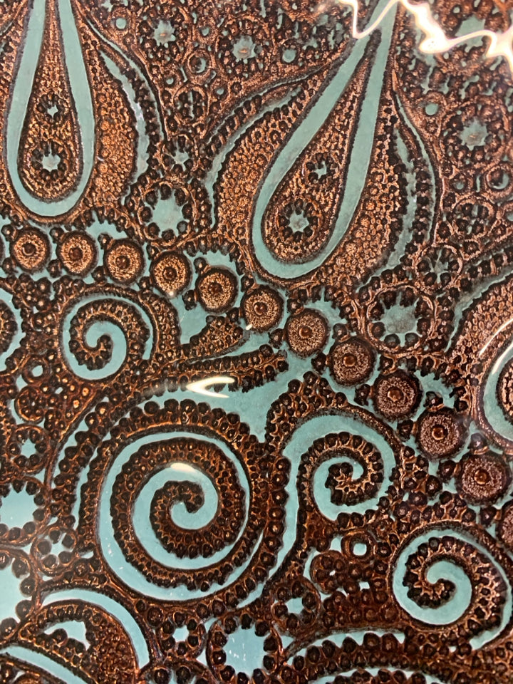 BROWN & BLUE CERAMIC/RESIN PAINTED BOWL CENTERPIECE W/SWIRLS.