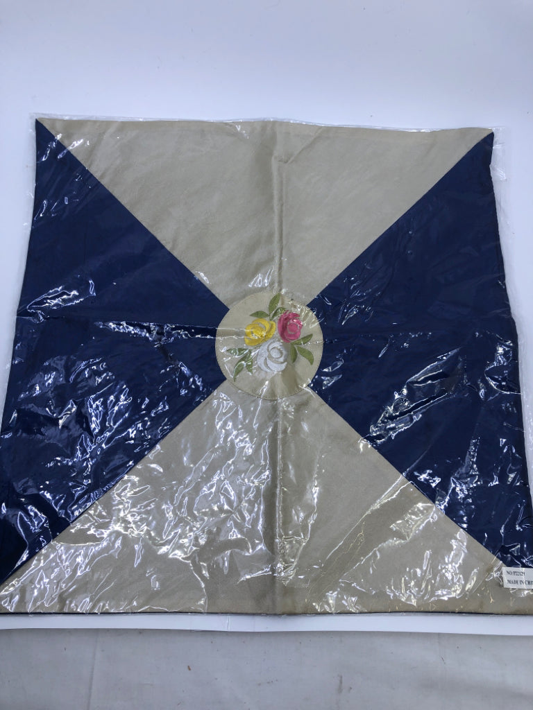 NIP NAVY/GOLD PILLOW COVER, EMBROIDERED FLOWERS.