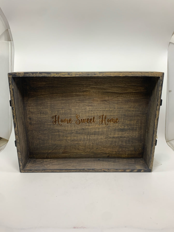 HOME SWEET HOME WOOD TRAY W/METAL HANDLES.