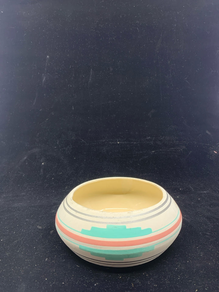 TEAL PINK POTTERY CENTERPIECE BOWL.