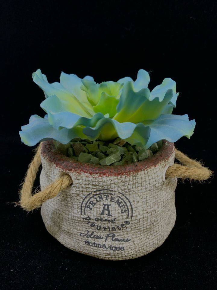 PRINTEMPS CONCRETE VASE W/TEAL&GREEN FAUX FLOWER.