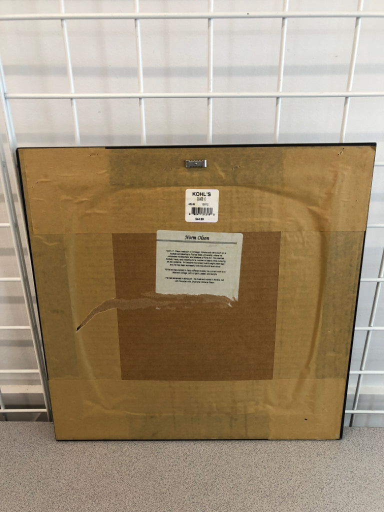 BROWN BOTANICAL SQUARES IN BLACK WOOD FRAME.