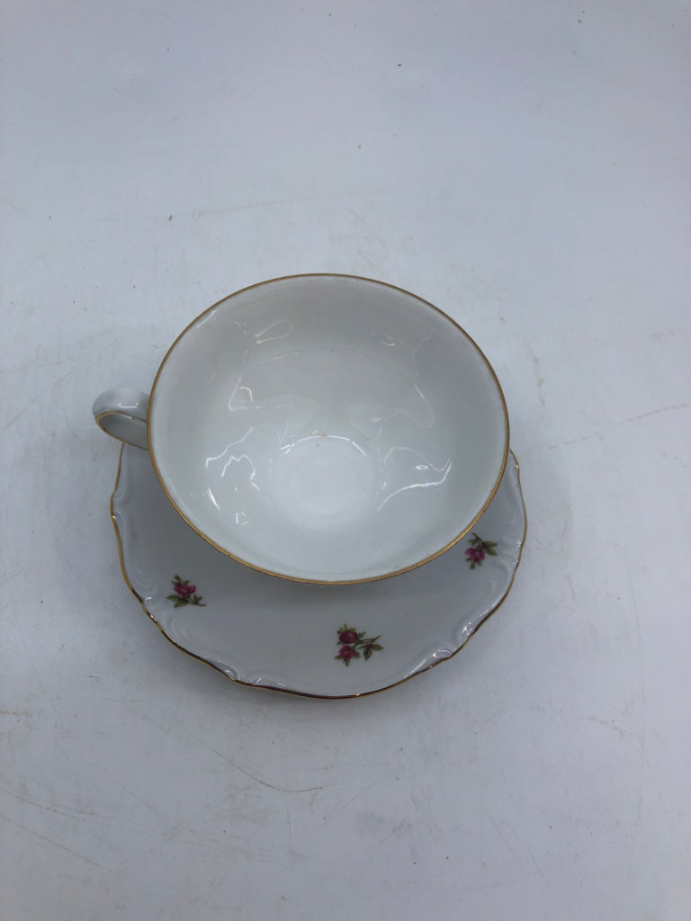 8 PC CUP/SAUCER SET WHITE W/ PINK ROSES GOLD RIM BAVARIA.