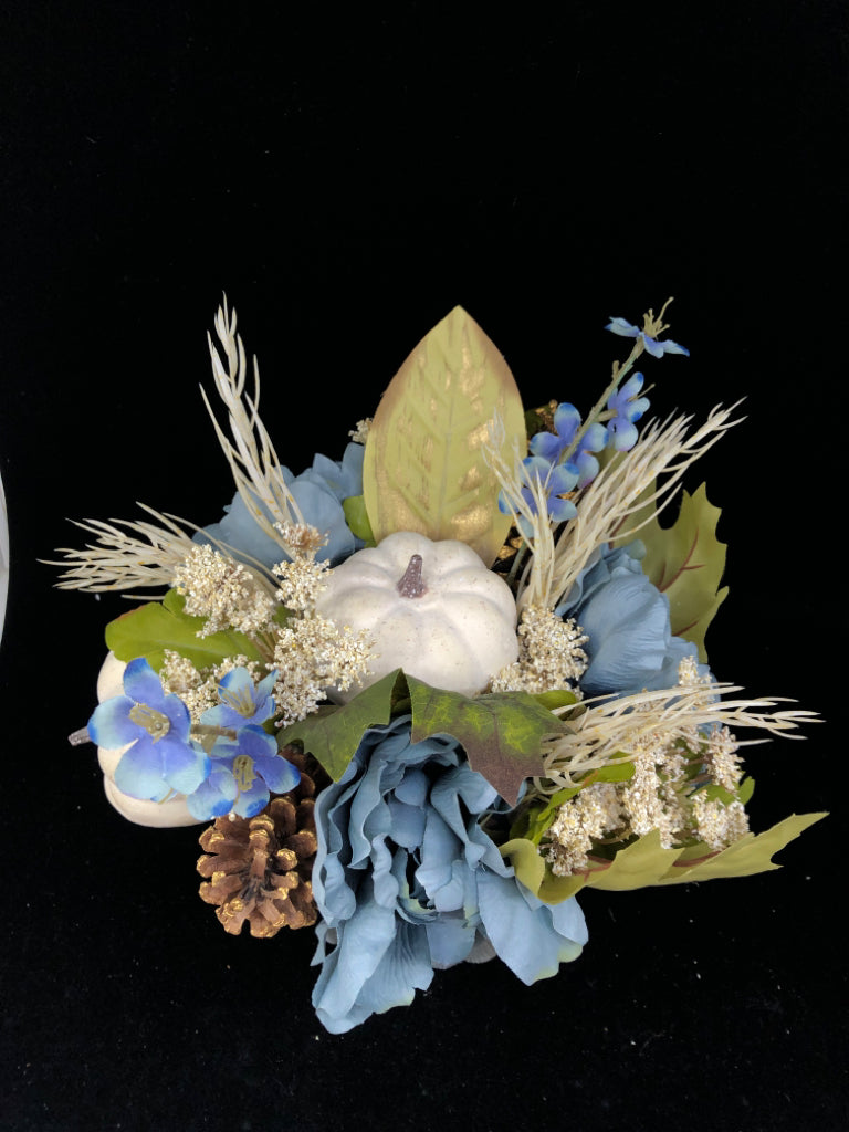 FAUX BLUE FLORAL W WHITE PUMPKINS.