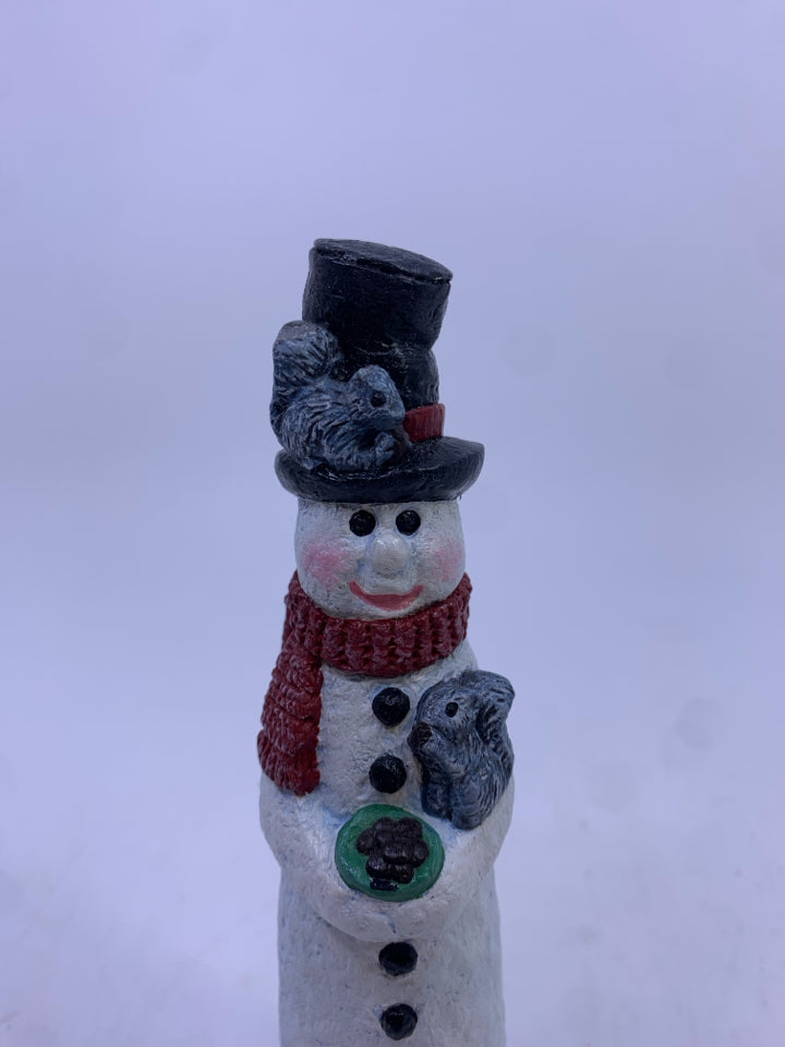 RESIN SNOWMAN W SQUIRREL ON HAT.