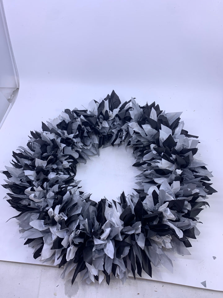BLACK AND WHITE FAUX FEATHER WREATH.