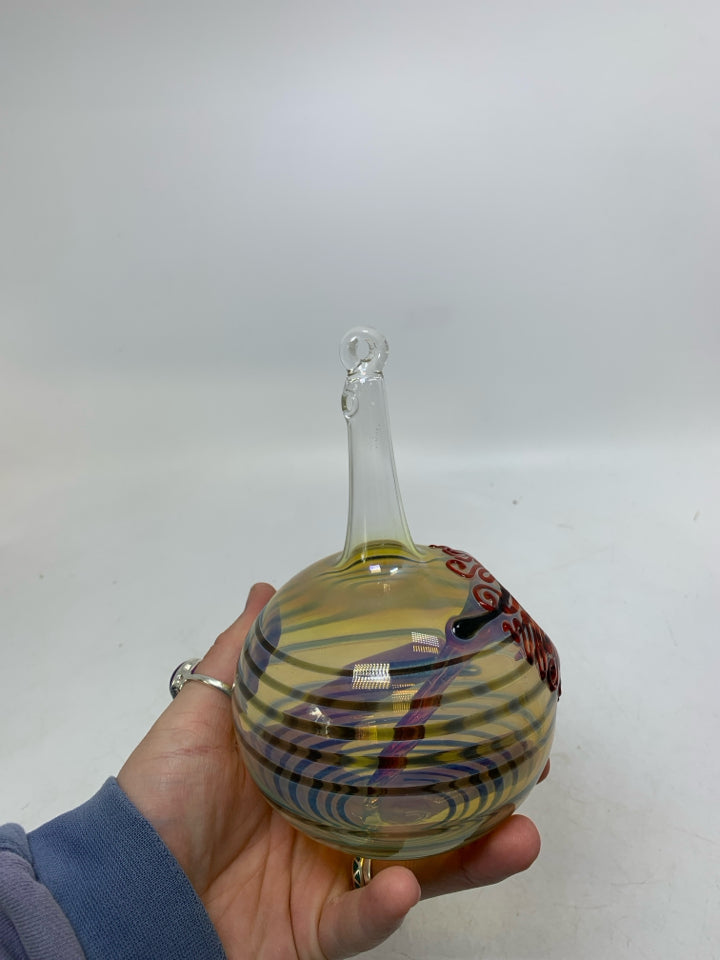 BLOWN GLASS ORB STRIPED W/ RED FLOWER IN CENTER  HANGING VASE/HUMMINGBIRD FEEDER