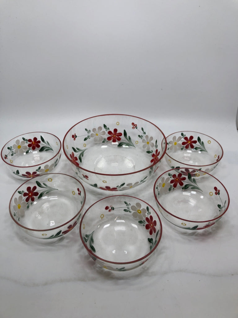 6PC DAISY PAINTED GLASS SERVING BOWL W/5 BOWLS.