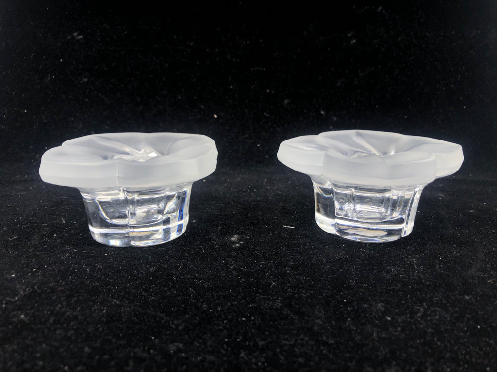 2 FROSTED FLORAL TAPER CANDLE HOLDERS.