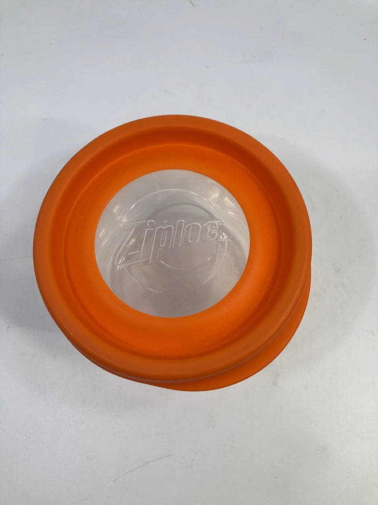ROUND ZIPLOCK GLASS CONTAINER W/ORANGE LID.