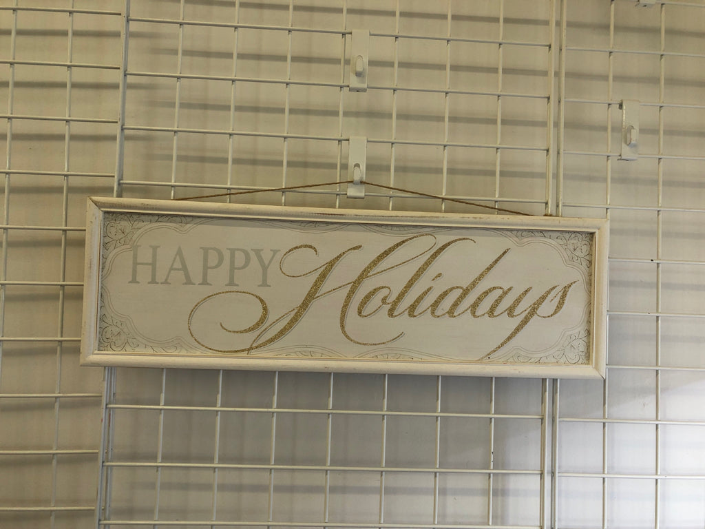 WHITE "HAPPY HOLIDAYS" GOLD/SILVER WOOD SIGN.