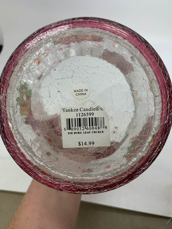 YANKEE CANDLE CRACKLE PAINTED LEAVES GLASS CANDLE HOLDER.